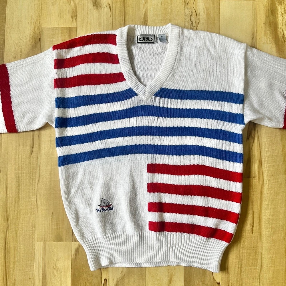 Vintage Sweater Women's Size Medium Preppy Nautical Boating Americana Stripes